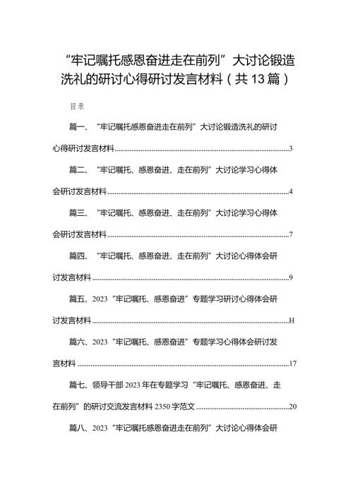 “牢记嘱托感恩奋进走在前列”大讨论锻造洗礼的研讨心得研讨发言材料13篇供参考(1).docx