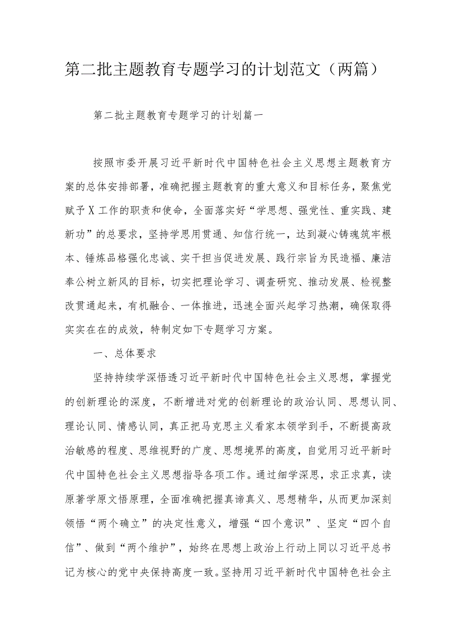 第二批主题教育专题学习的计划范文（两篇）.docx_第1页