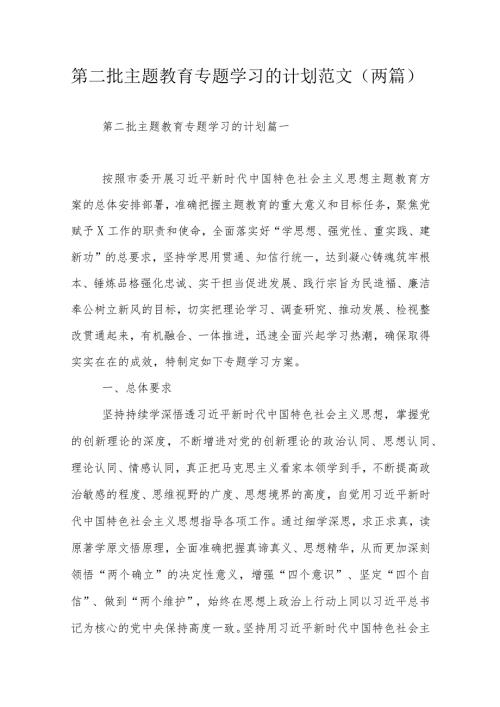 第二批主题教育专题学习的计划范文（两篇）.docx
