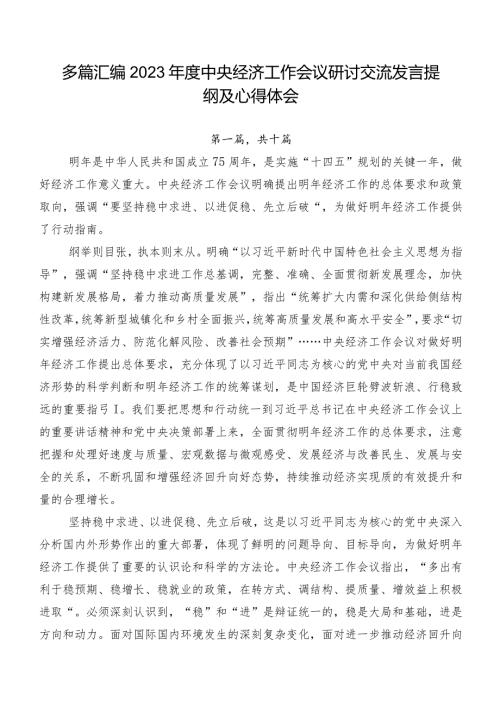 多篇汇编2023中央经济工作会议研讨交流发言提纲及心得体会.docx