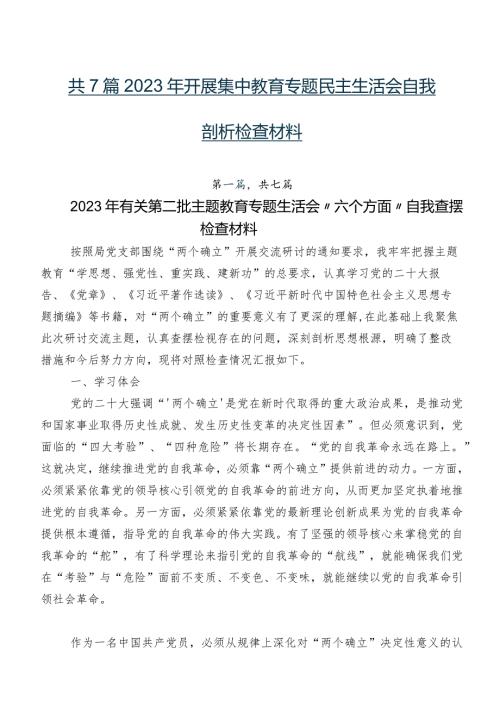 共7篇2023年开展集中教育专题民主生活会自我剖析检查材料.docx