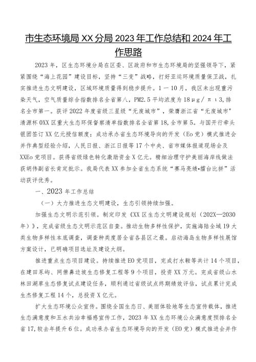 市生态环境局XX分局2023年工作总结和2024年工作思路.docx