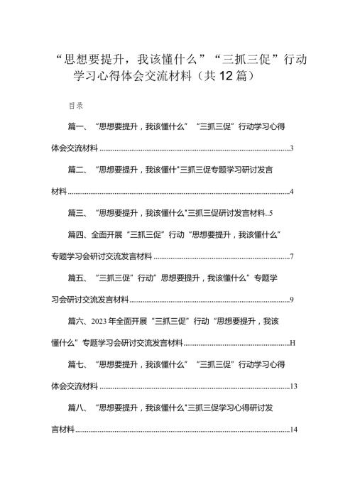 （12篇）“思想要提升我该懂什么”“三抓三促”行动学习心得体会交流材料合集.docx