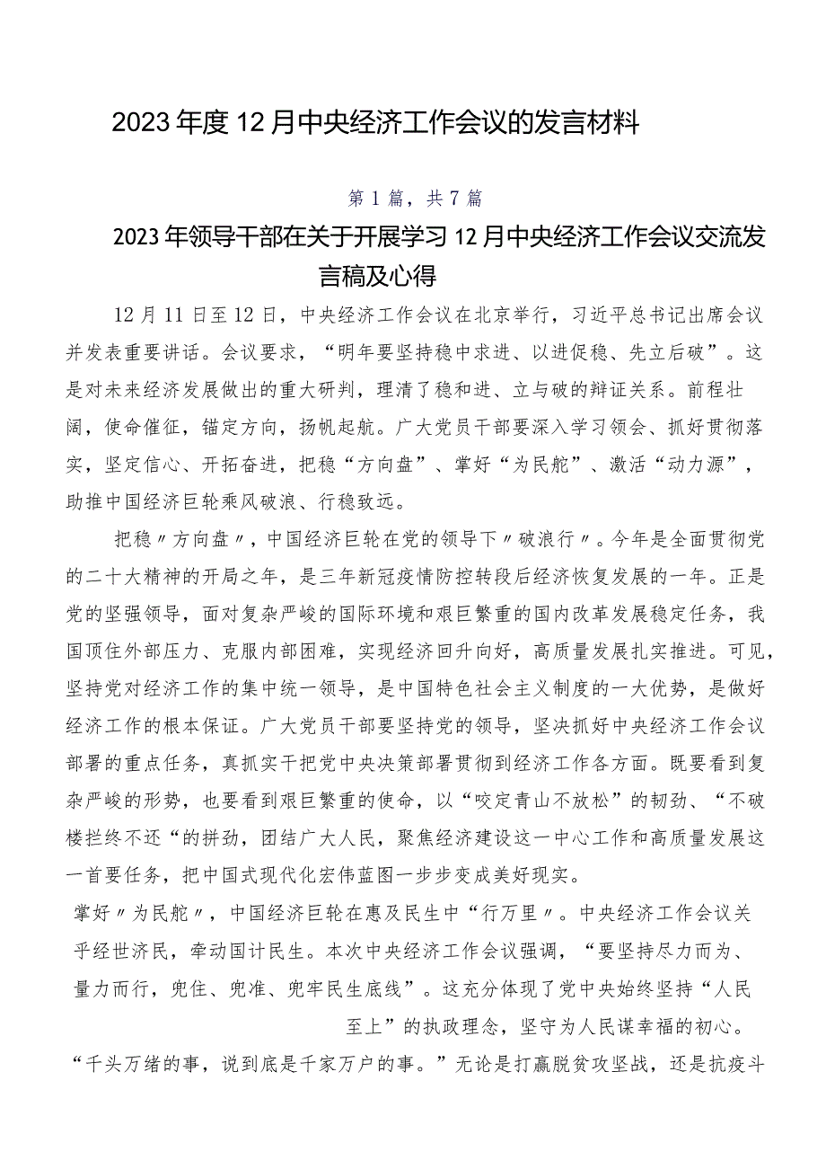 202312月中央经济工作会议的发言材料.docx_第1页