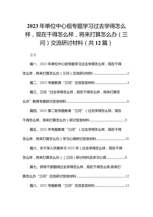 2023年单位中心组专题学习过去学得怎么样现在干得怎么样将来打算怎么办（三问）交流研讨材料12篇供参考.docx
