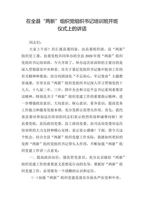 在全县“两新”组织党组织书记培训班开班仪式上的讲话.docx