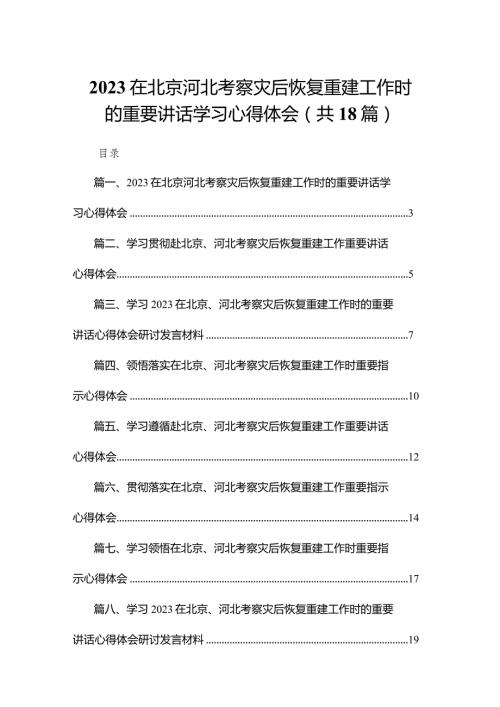 在北京河北考察灾后恢复重建工作时的重要讲话学习心得体会18篇（精编版）.docx