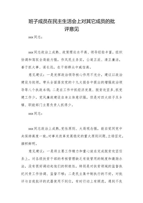 班子成员在民主生活会上对其它成员的批评意见.docx