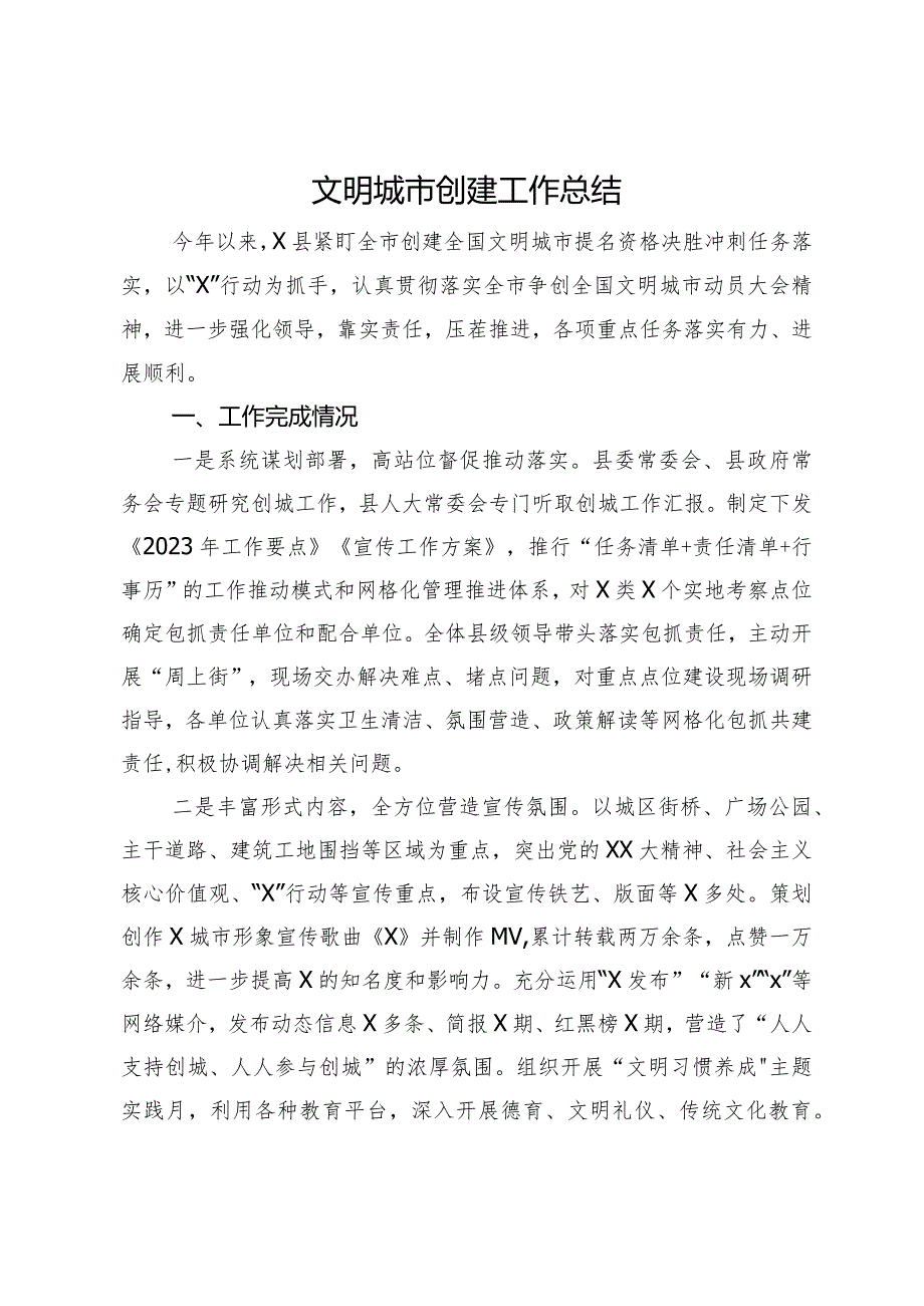 县2023年文明城市创建工作总结(1).docx_第1页