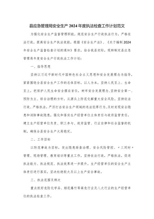 县应急管理局安全生产2024执法检查工作计划范文.docx