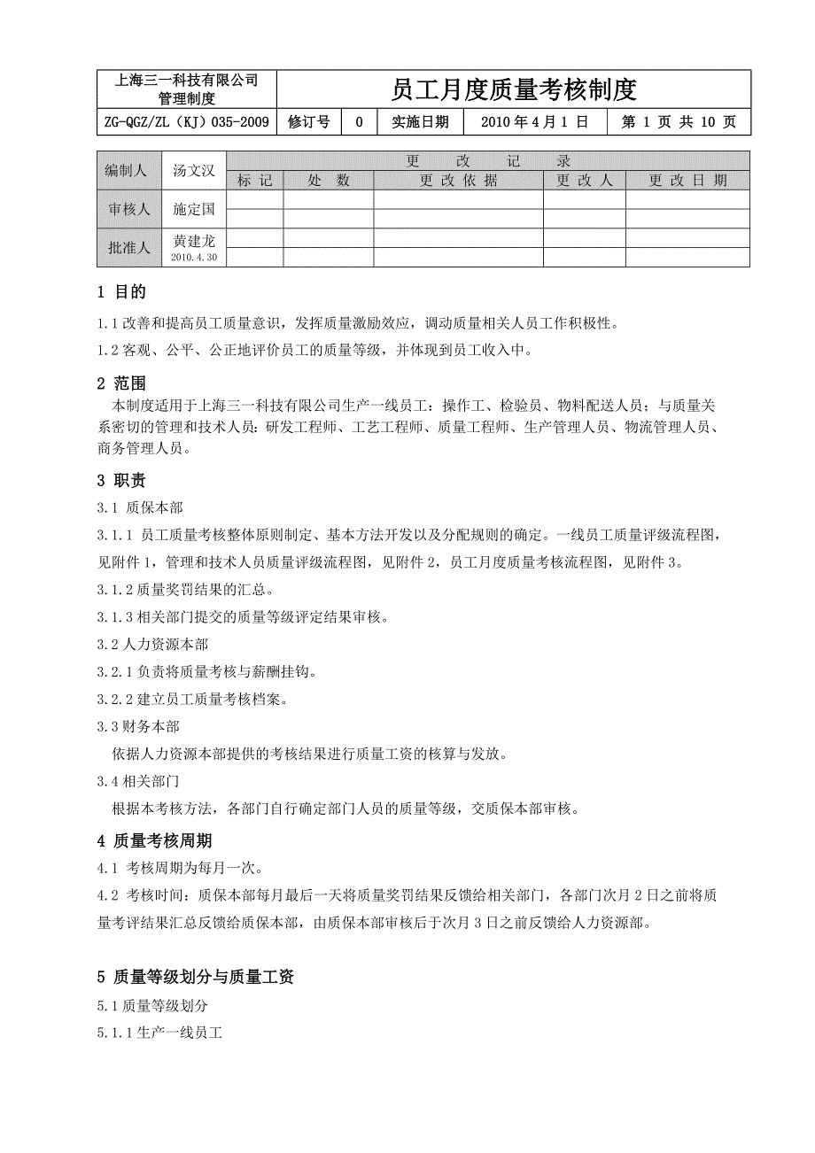 上海三一科技有限公司员工月度质量考核制度.doc_第1页