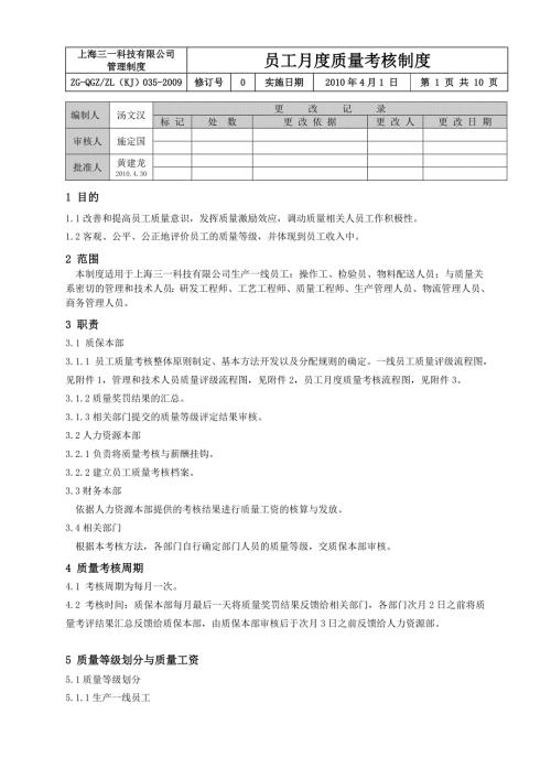 上海三一科技有限公司员工月度质量考核制度.doc