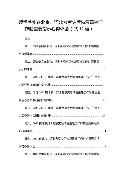 领悟落实在北京、河北考察灾后恢复重建工作时重要指示心得体会（共12篇）.docx