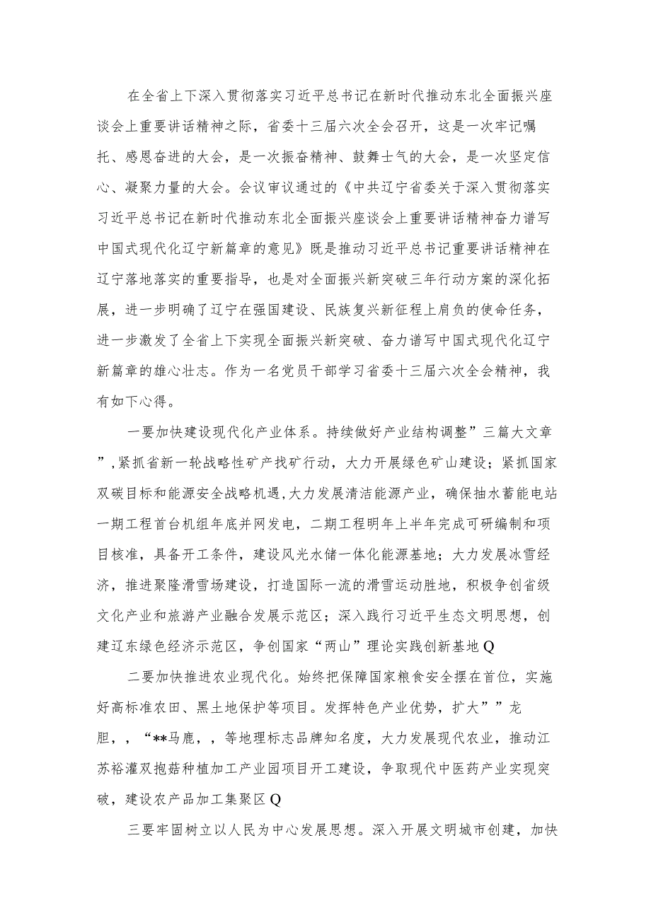 （11篇）辽宁省委十三六次全会精神学习心得研讨发言材料汇编.docx_第2页
