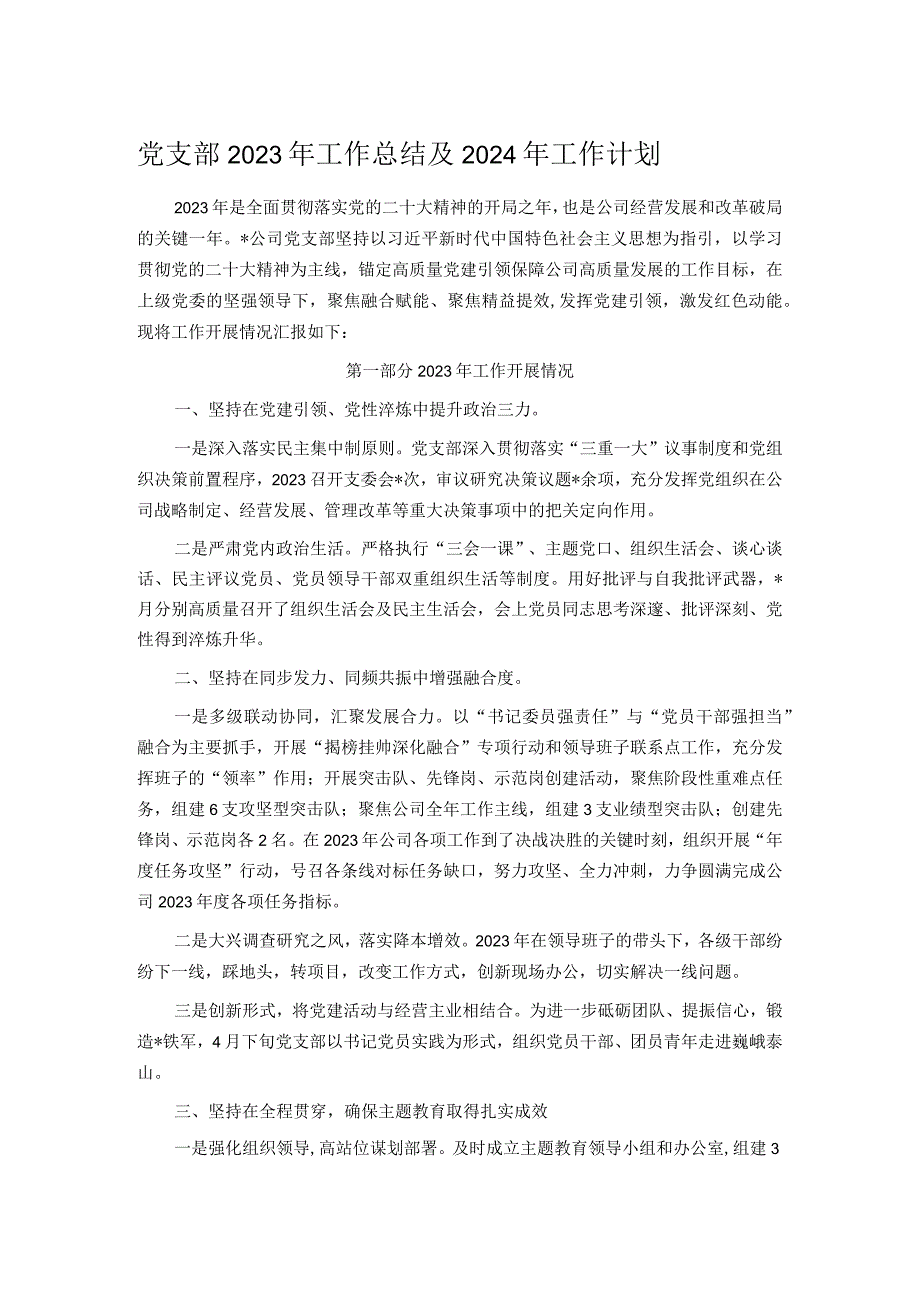党支部2023年工作总结及2024年工作计划(1).docx_第1页