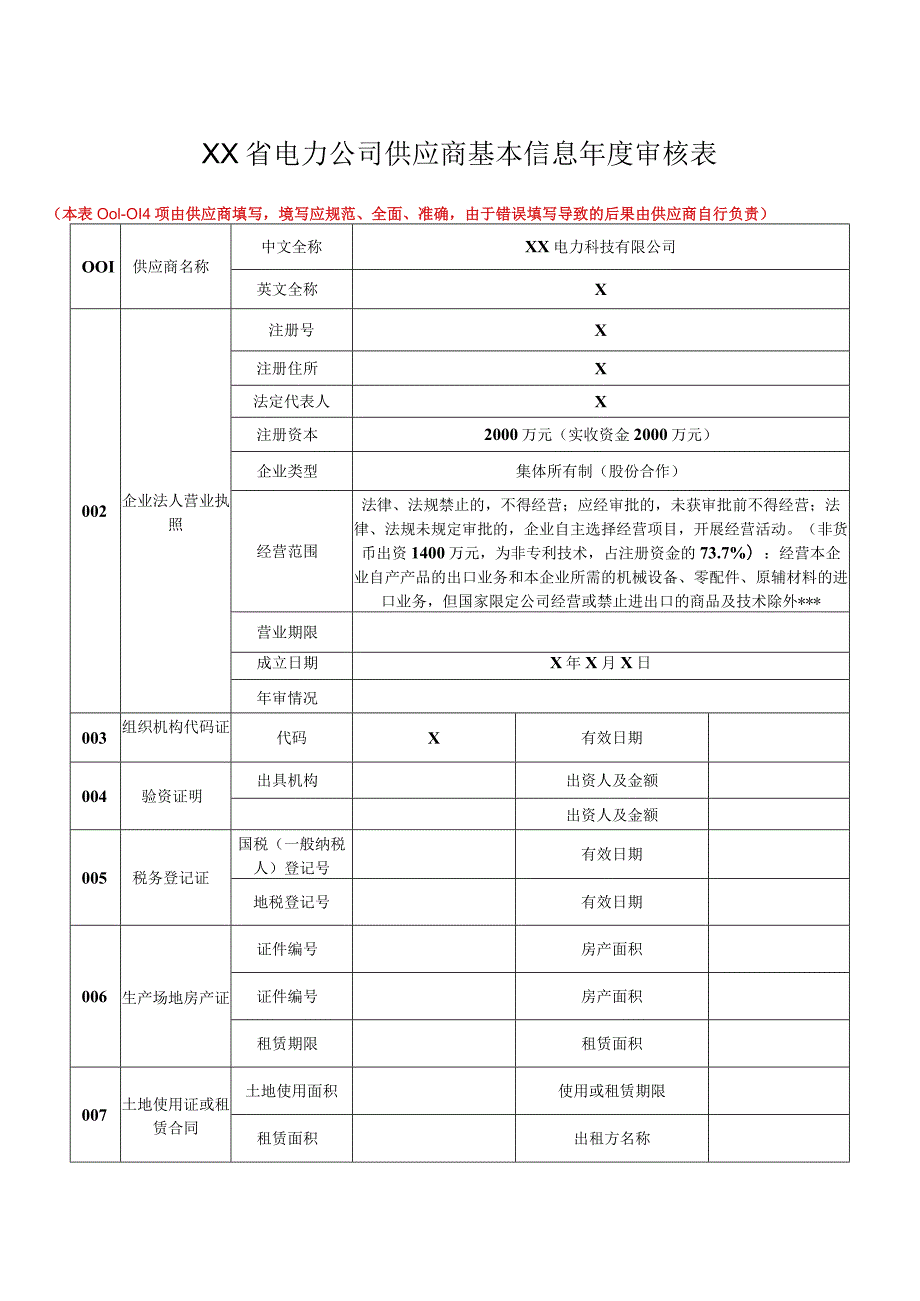 XX省电力公司供应商基本信息审核表（2023年XX电力科技有限公司）.docx_第1页