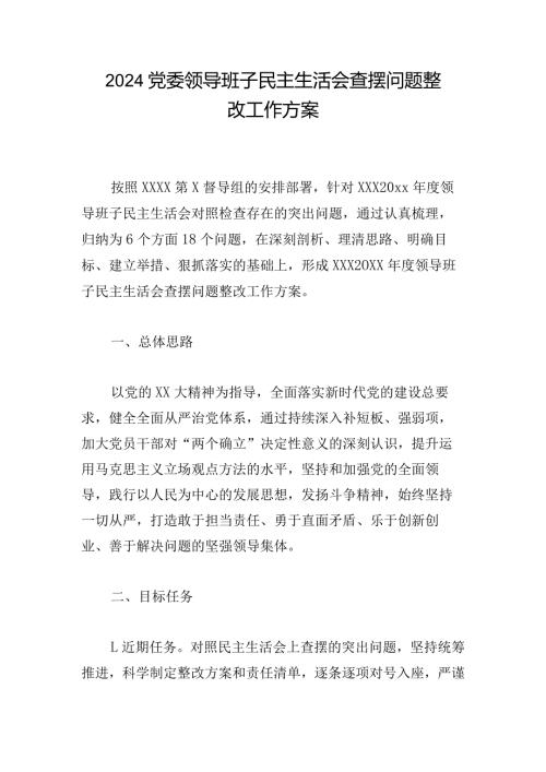 2024党委领导班子民主生活会查摆问题整改工作方案.docx