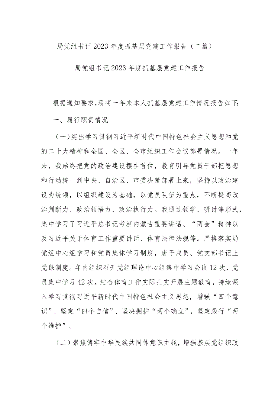 局党组书记2023抓基层党建工作报告(二篇).docx_第1页