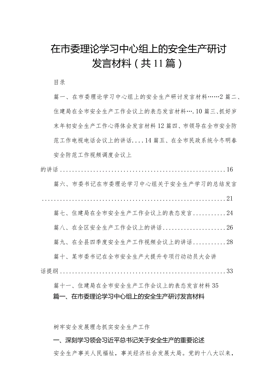 （11篇）在市委理论学习中心组上的安全生产研讨发言材料范文(1).docx_第1页
