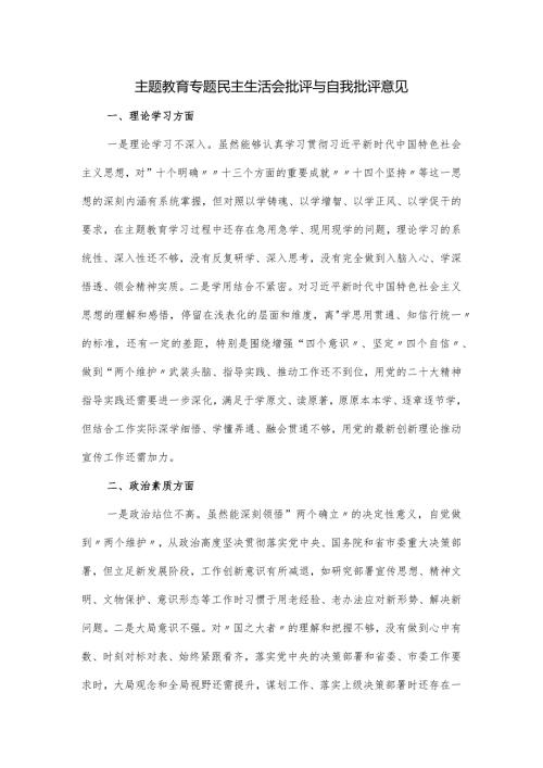 主题教育专题民主生活会批评与自我批评意见.docx