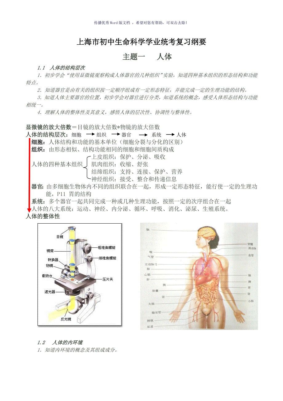 上海初中生命科学考试学业考试复习纲要Word版.doc_第1页