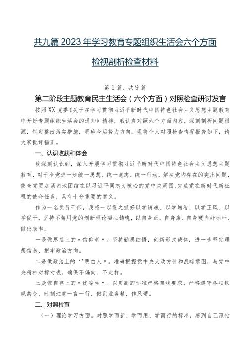 共九篇2023年学习教育专题组织生活会六个方面检视剖析检查材料.docx