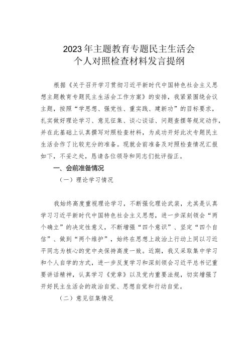 2023年主题教育专题民主生活会个人对照检查材料发言提纲.docx