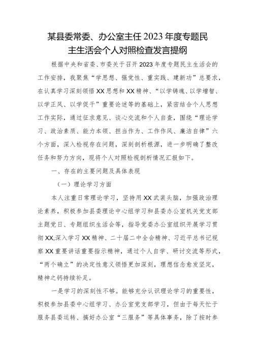 某县委常委、办公室主任2023专题民主生活会个人对照检查发言提纲(1).docx