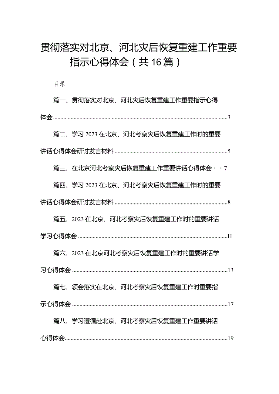 贯彻落实对北京、河北灾后恢复重建工作重要指示心得体会16篇供参考.docx_第1页