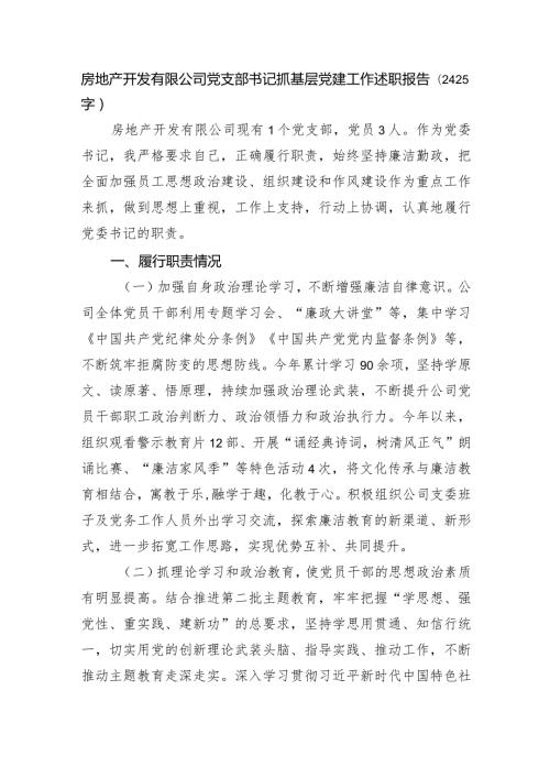 两新房地产开发有限公司党支部书记抓基层党建工作述职报告.docx