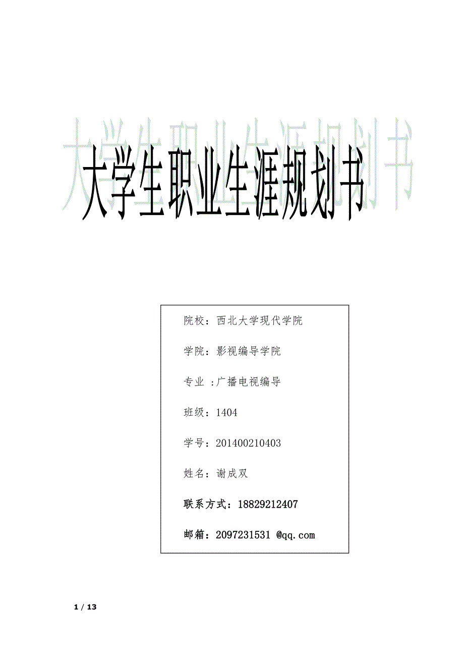 大学生职业生涯规划影视剪辑师.doc_第1页
