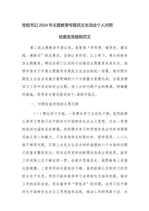 党组书记2024年主题教育专题民主生活会个人对照检查发言提纲范文.docx