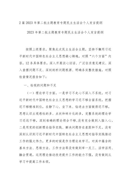 2篇2023年第二批主题教育专题民主生活会个人发言提纲.docx