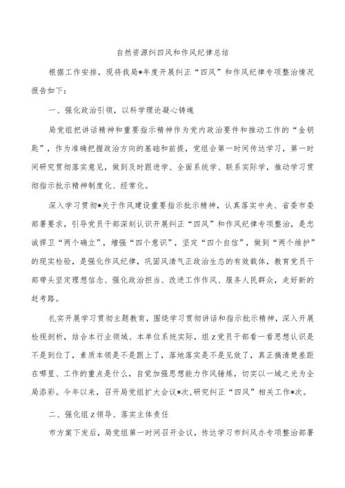 自然资源纠四风和作风纪律总结.docx