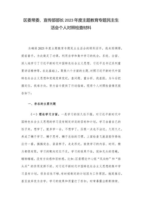 区委常委、宣传部部长2023主题教育专题民主生活会个人对照检查材料.docx