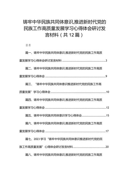 铸牢中华民族共同体意识,推进新时代党的民族工作高质量发展学习心得体会研讨发言材料最新版12篇合辑.docx