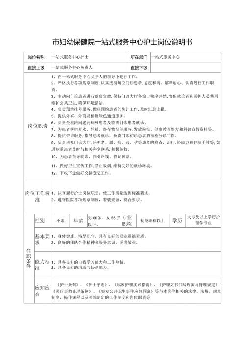 市妇幼保健院一站式服务中心护士岗位说明书.docx