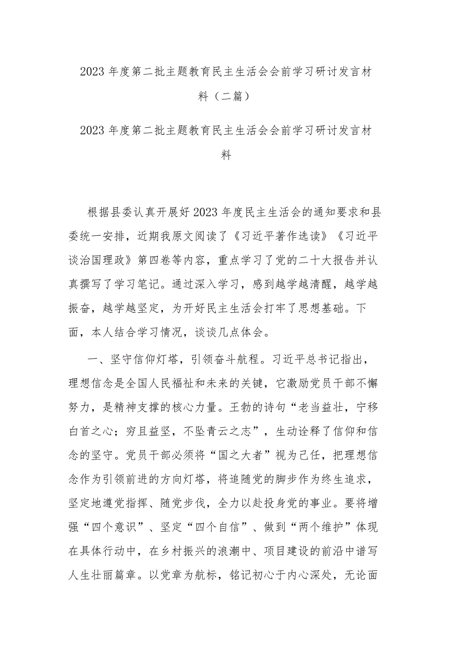 2023第二批主题教育民主生活会会前学习研讨发言材料(二篇).docx_第1页