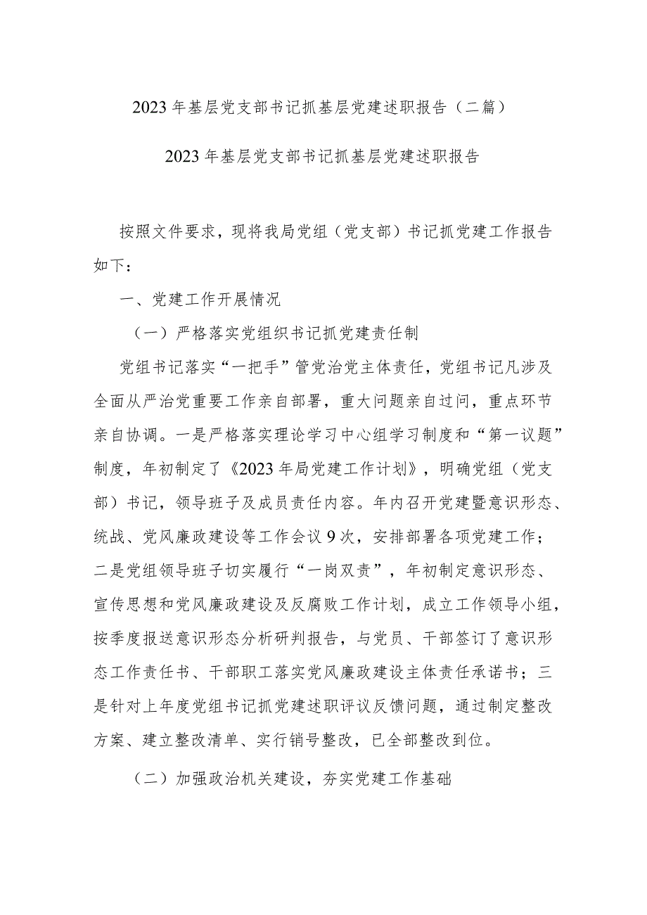 2023年基层党支部书记抓基层党建述职报告(二篇).docx_第1页