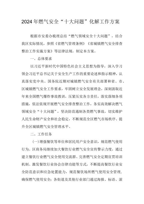2024年燃气安全“十大问题”化解工作方案.docx