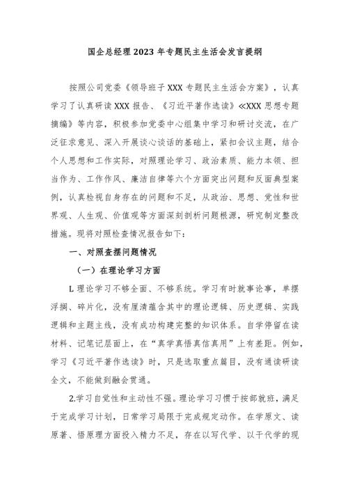 国企总经理2023年专题民主生活会发言提纲.docx