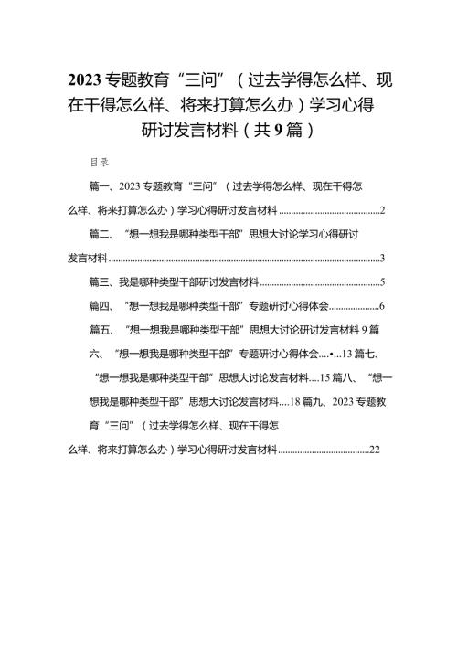 专题教育“三问”（过去学得怎么样、现在干得怎么样、将来打算怎么办）学习心得研讨发言材料（共9篇）.docx