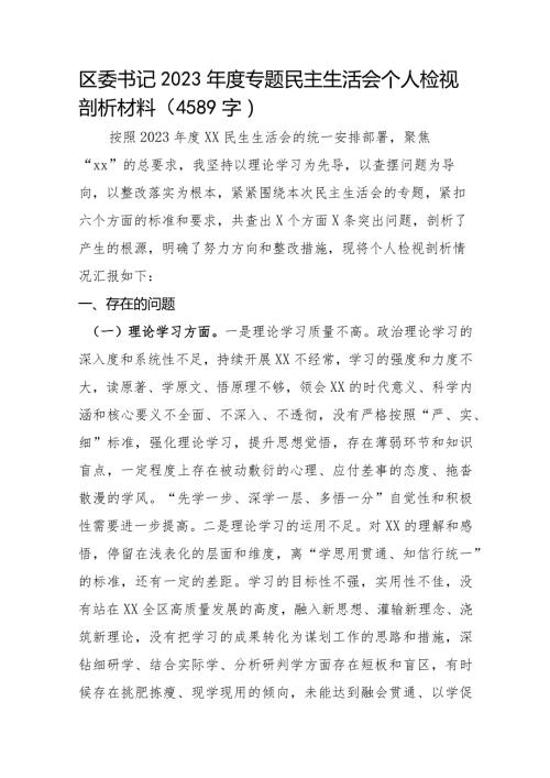区委书记2023主题教育专题民主生活会个人检视剖析材料.docx