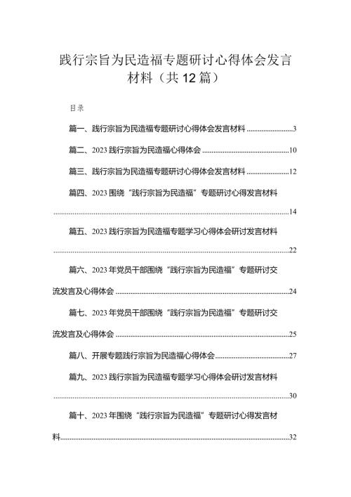 （12篇）践行宗旨为民造福专题研讨心得体会发言材料合集.docx