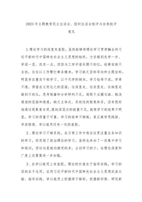 2023年主题教育民主生活会、组织生活会批评与自我批评意见(3).docx