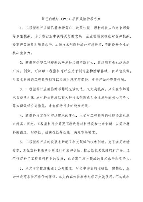 聚己内酰胺（PA6）项目风险管理方案.docx