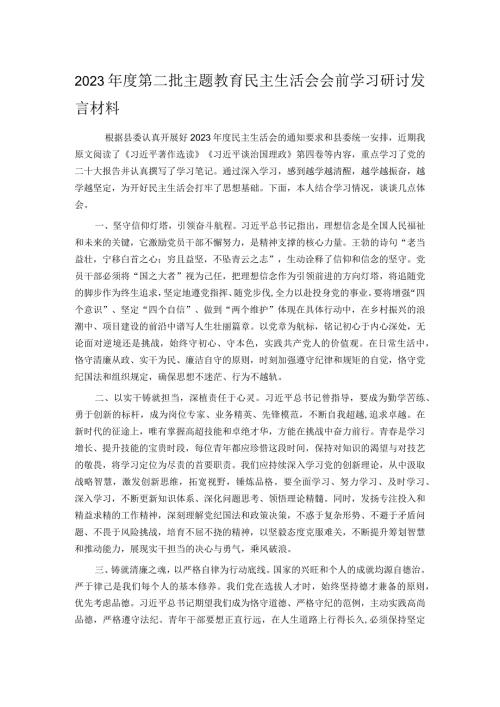 2023第二批主题教育民主生活会会前学习研讨发言材料.docx