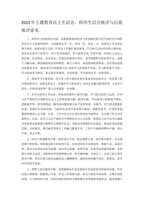 2023年主题教育民主生活会、组织生活会批评与自我批评意见(2).docx