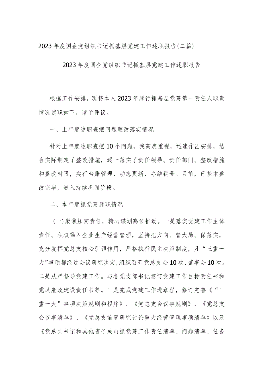 2023国企党组织书记抓基层党建工作述职报告(二篇).docx_第1页