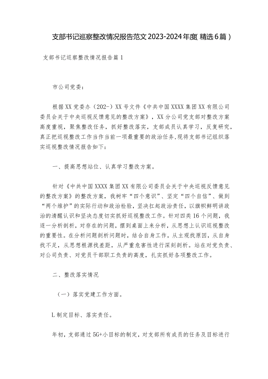 支部书记巡察整改情况报告范文20232024(精选6篇).docx_第1页